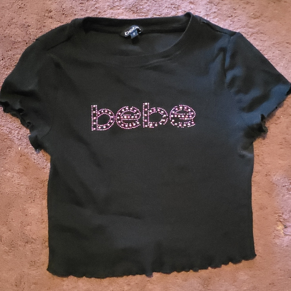 Bebe Black Tee with Pink Embellished Logo